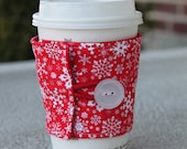 Reusable Cup Coozie / Coffee Sleeve - Christmas / Winter Mug Cozy - Red and White Snowflakes