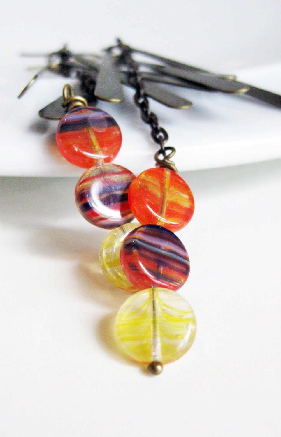 Candy Corn Earrings. Inspired Modern Jewelry. Antiqued Brass and Glass. Orange & Yellow Jewellery. Halloween inspired dangly earrings.