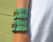 50% off - Sage Green Cuff Bracelet, Wedding Bridal Cuff, Crochet, Cotton Yarn, Floral Toggle Clasp, Brass Chain