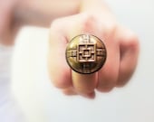 50% off - Asian Vintage Button Ring, Golden Round Button Adjustable Retro Style