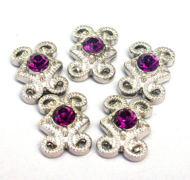 3 purple 2 hole slider beads, amethyst and silver spacer beads