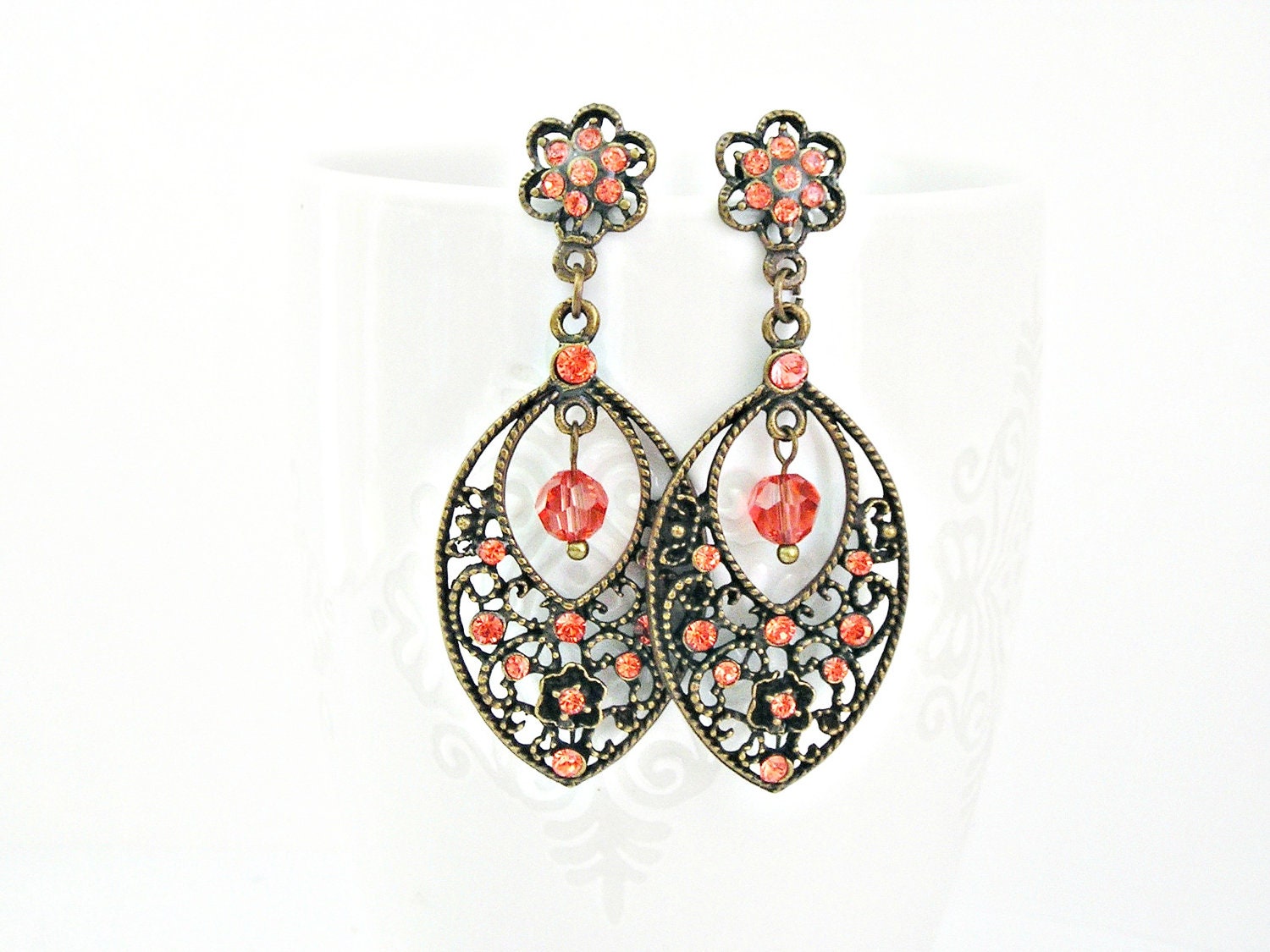 Spicy paparadasha Swarovski color rhinestone and crystal round beads brass filigree earrings