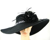 Derby Hat Kentucky Derby Black Hat Dress Hat Rhinestone Trimming Wide Brim Hat Wedding Tea Party Ascot Horse