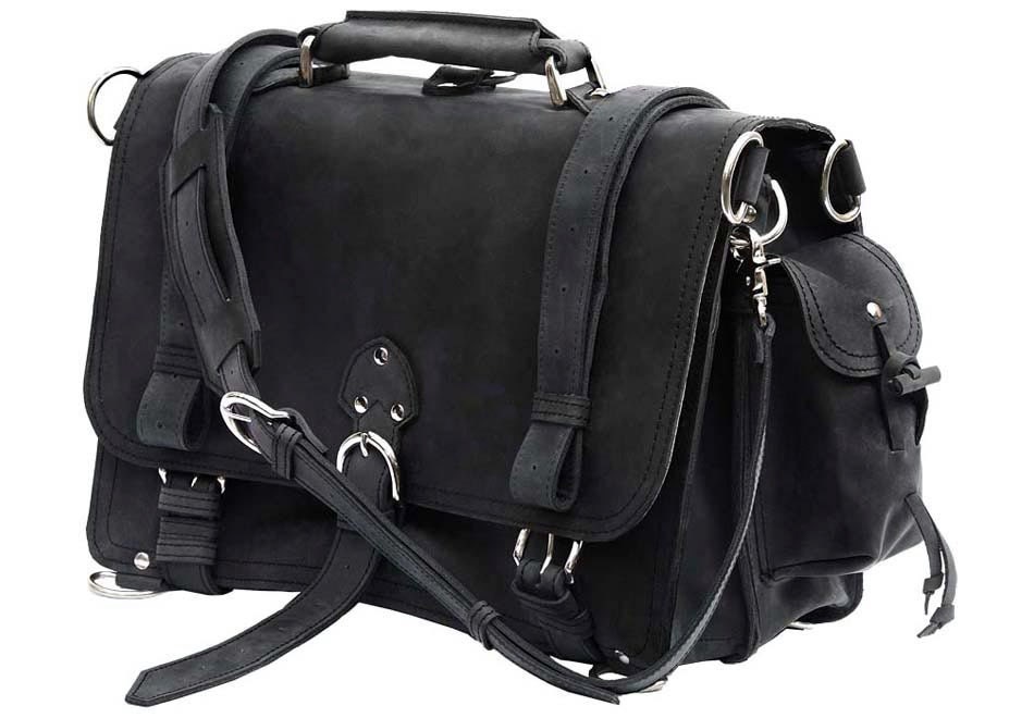 Leather Briefcase Messenger Bag, X-LARGE - Charcoal Black Distressed, Rugged