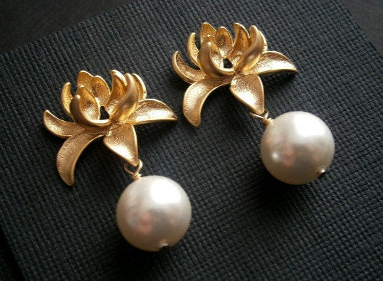 Gold Pearl Earrings With Matte Gold Lotus Flower And White Swarovski Crystal Pearls