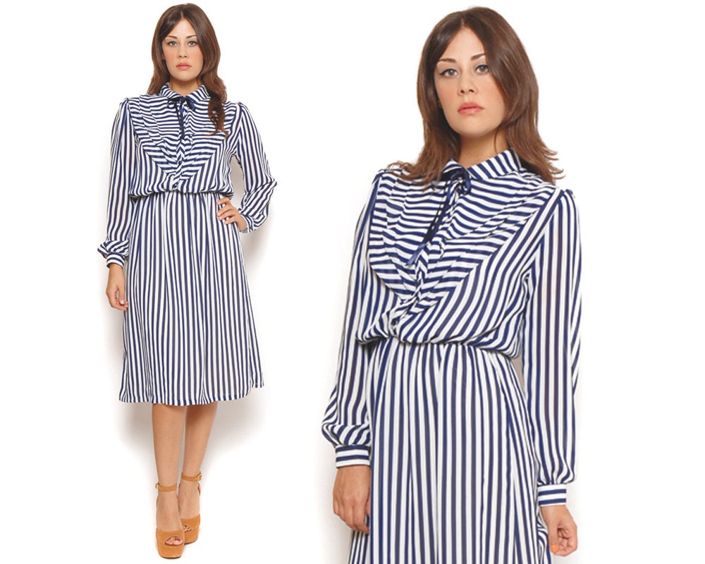 80s Secretary Dress Navy Blue White Stripes Sheer Shirt Dress Ascot Bib Long Sleeve Midi Dress / Preppy Hipster / Size L Large