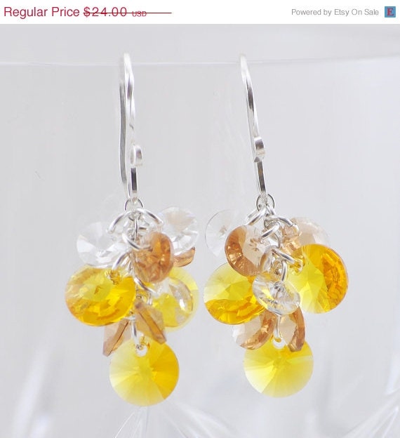 SALE 15% OFF Swarovski Crystal Dangle Cluster Earrings, Sterling Silver, Handmade, Fall Fashion, Autumn Jewelry, Sunflower Yellow, Topaz Ta