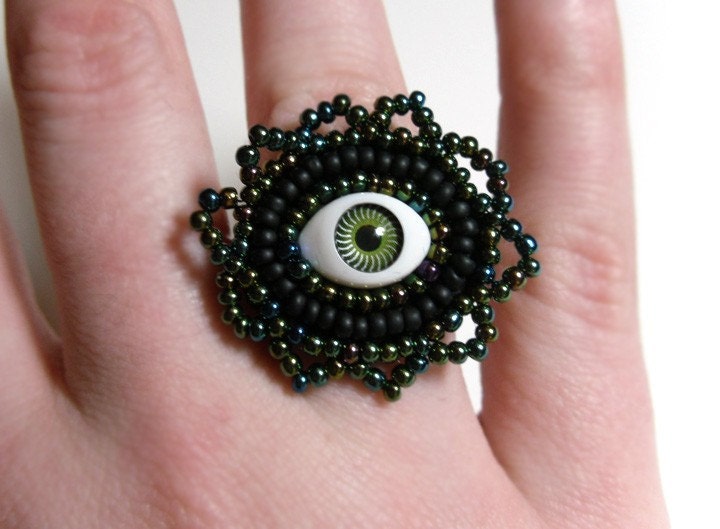 Green Evil Eye Ring - Beaded Adjustable Jewelry