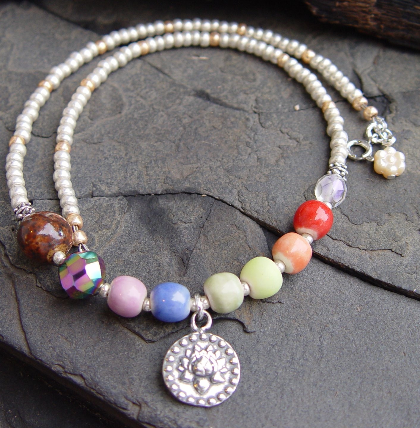 Meditation II -- Om Chakra Stoneware Beads Pewter Lotus Om Charm Handmade Necklace Yoga Moon