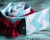 Ruffled Camera Strap Cover Padded with Lens Cap Pocket - Teal Chevron with Pink Ruffle- MADE TO ORDER