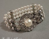 Swarovski Pearl Bridal Bracelet with Rhinestone Clasp 3 multi strands of pearls with rhinestones bridal wedding jewelry set available