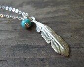 Feather Jewelry, LONG Silver Necklace, Silver Feather Necklace, Minimalist  Pendant, Turquoise necklace, Delicate Sterling Silver Necklace