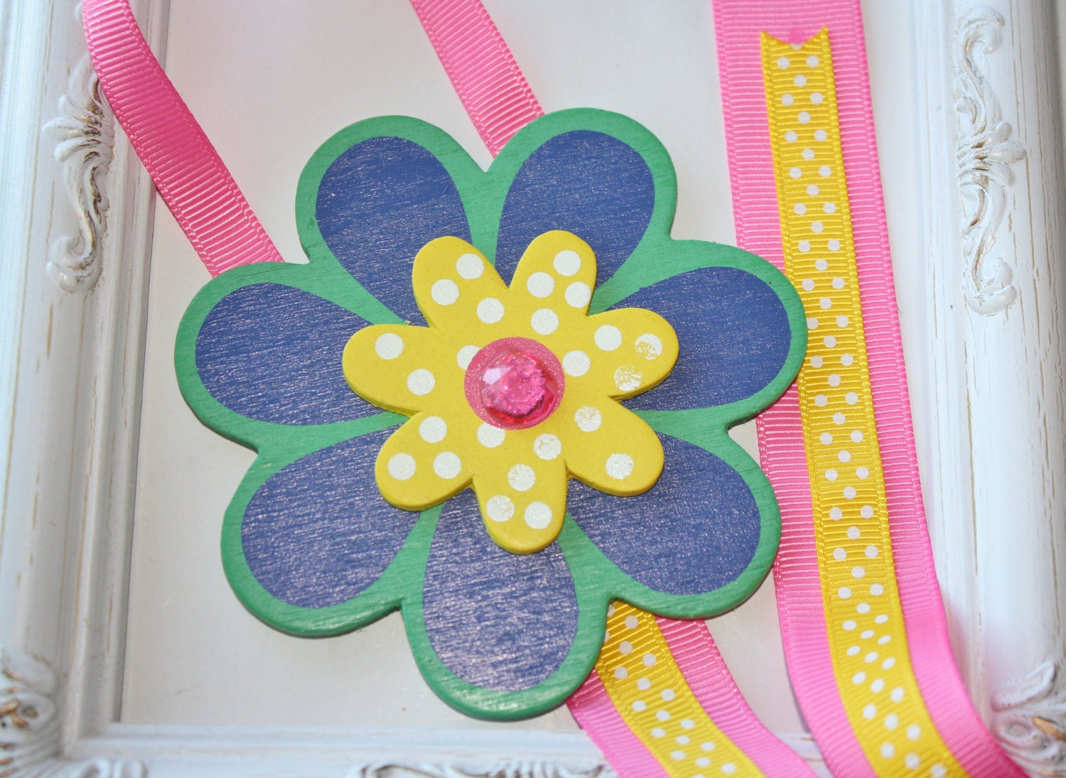 Blue Sunflower Bow Holder. Flower Clip Holders. Flower Headband Holder. Free Ship Promo.