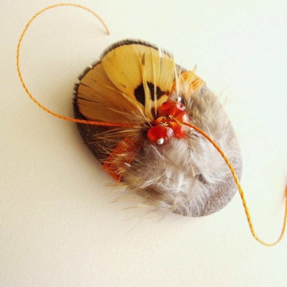 Art Sculpture Spirit Stone Orange Carnelian Bronzy Feathers Coppery Cord