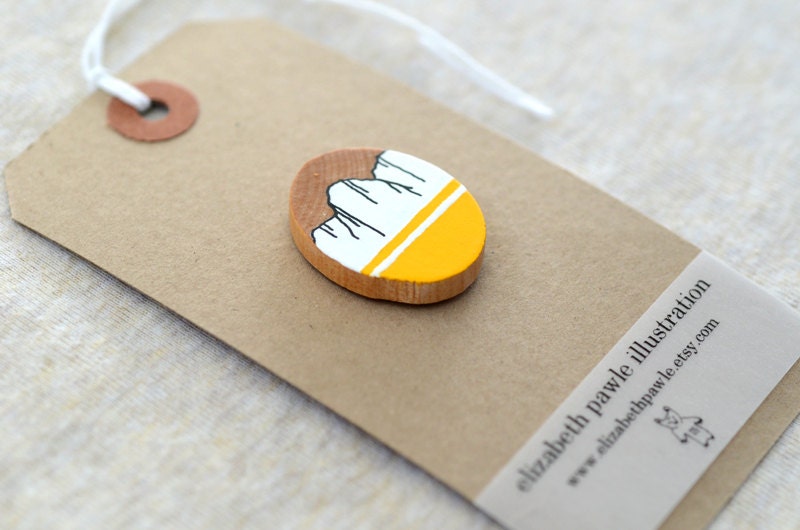 arctic light brooch - yellow, white and wood - by elizabeth pawle - hand painted illustrated pin