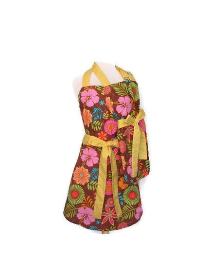 Mommy and Me Retro Aprons - Mother Daughter Matching Apron Set in Jumbo Flowers with Yellow Ties for  Women and Children