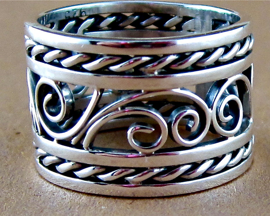 Sterling silver wide filigree band