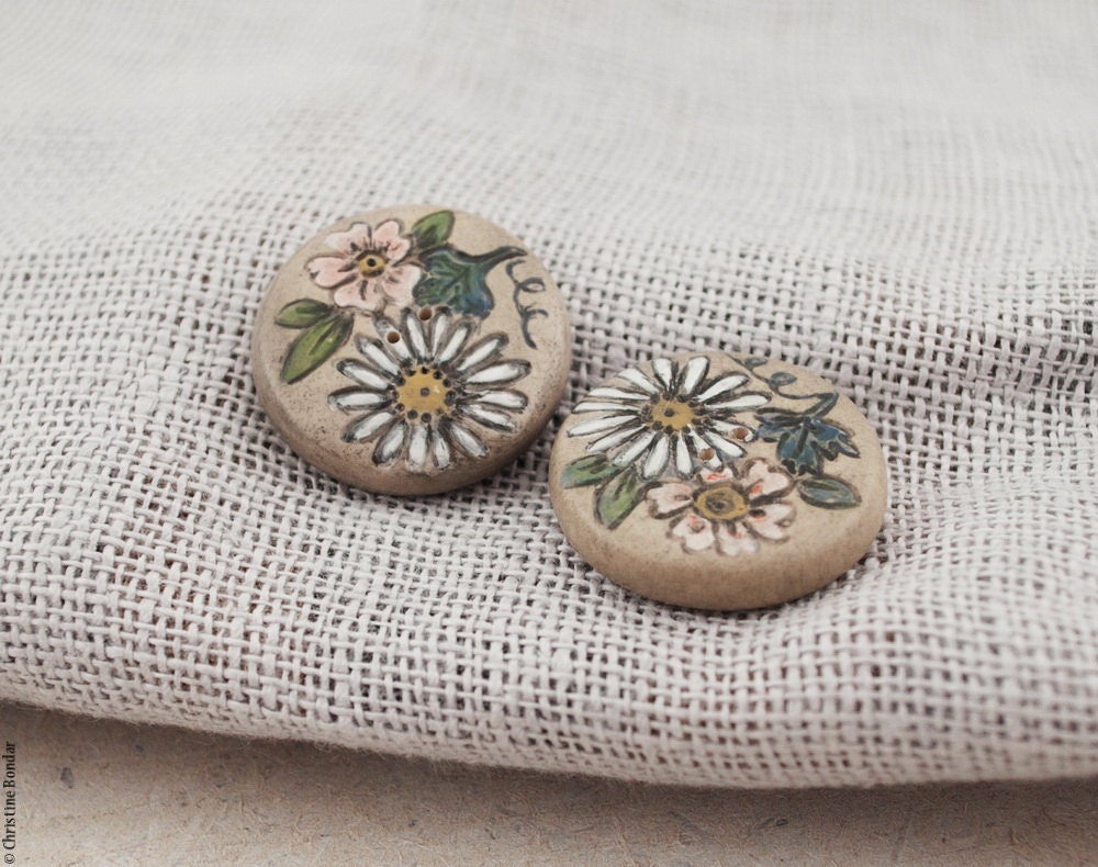 2 Handmade Craft Buttons - Botanical, Rustic