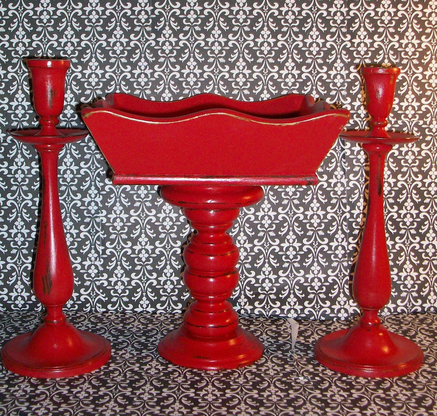 Distressed Barn Red Pedestal Bowl and 2 Matching Candle Holders