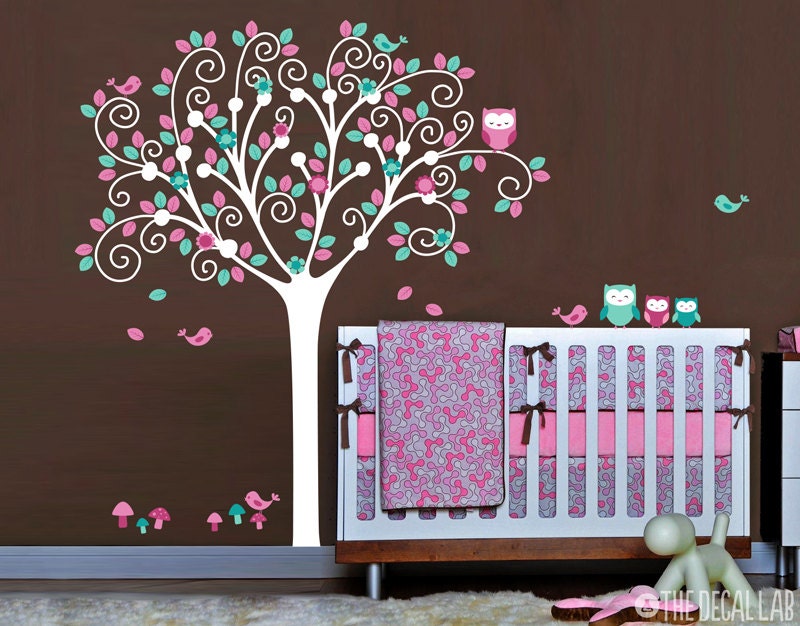Nursery Wall Art, Tree Wall Decals with Owls, Birds, Mushrooms, and Flowers, Baby Nursery Decor