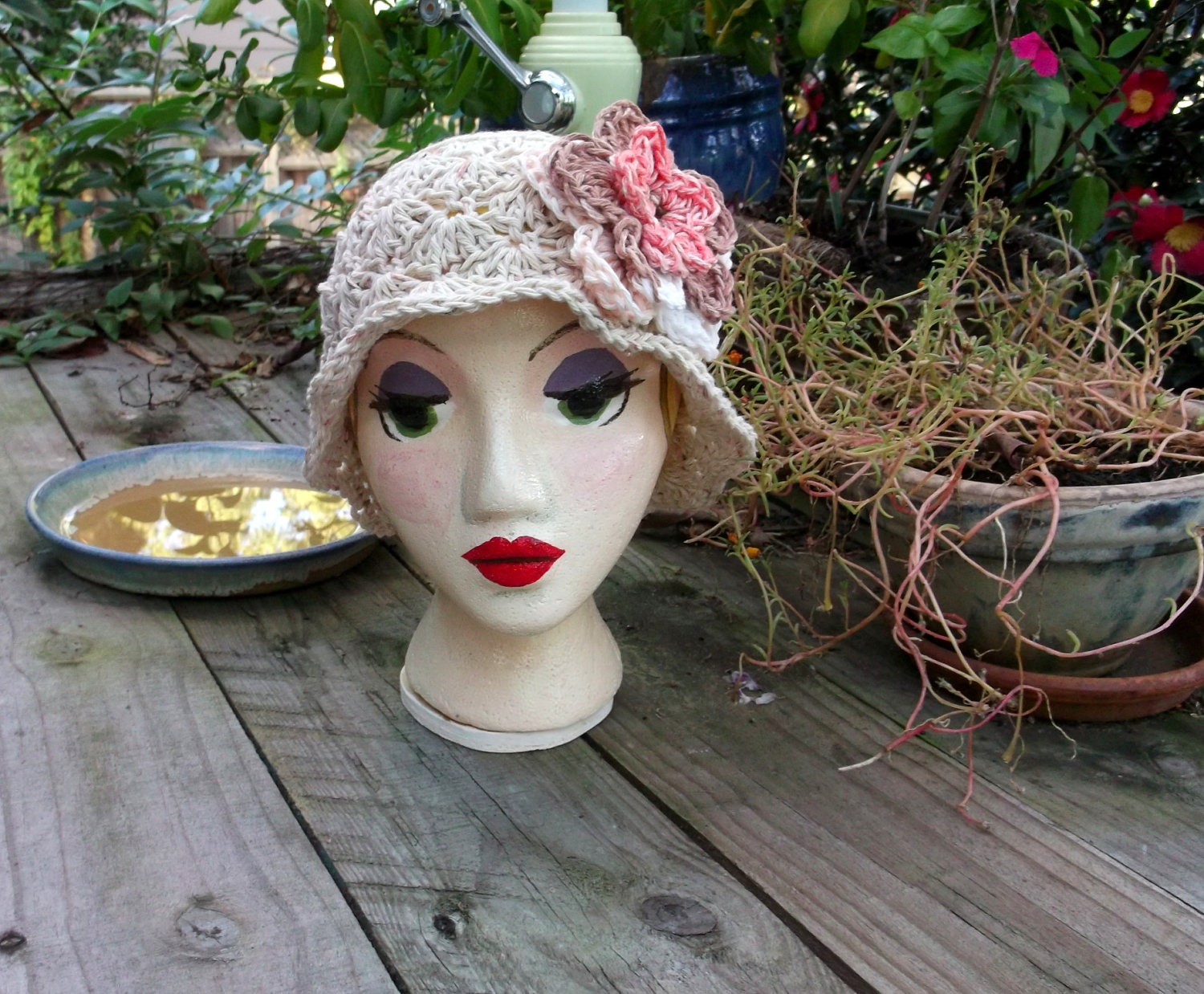 Ladies' or Girls' Cotton Wheat Colored Cloche Hat with Multicolored Flecks of Dark Peach , Olive Green and Brown with Cabbage Rose Pin