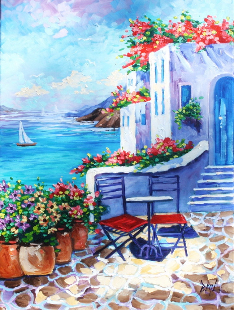 Oil Painting Greece Original rbealart Flowers Sailboat by rbealart