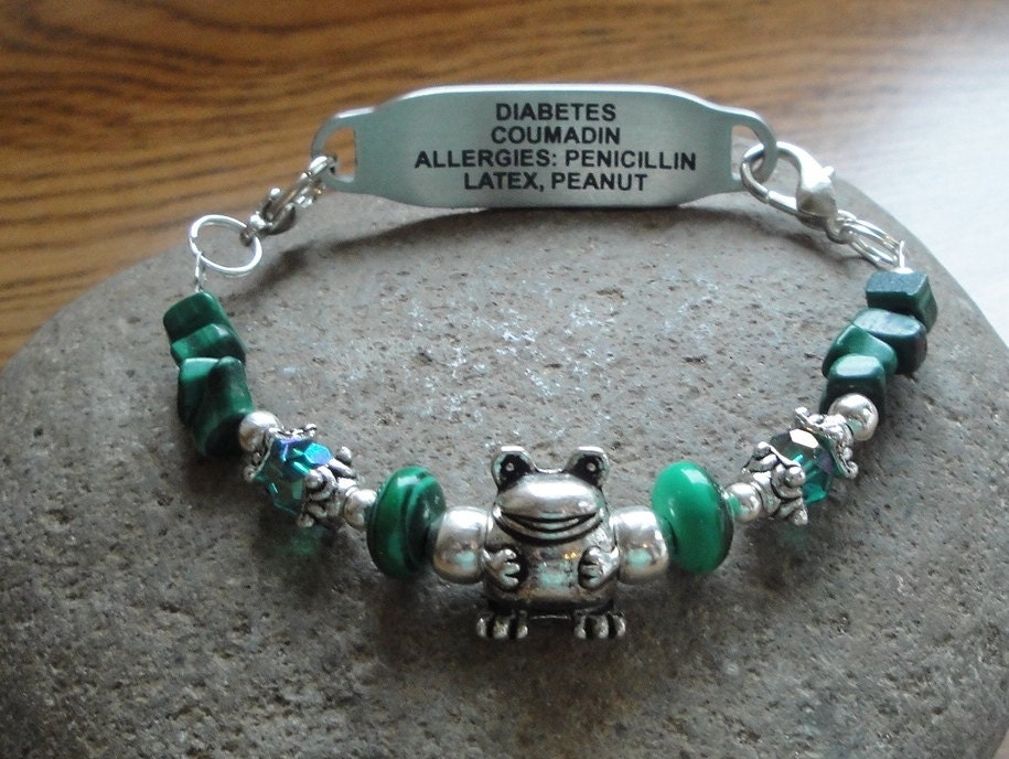 Medical Alert Interchangeable Bracelet - Diabetic, Epilepsy, Allergies, Seizures, Asthma, Penicillin, etc. - Malachite- Frog