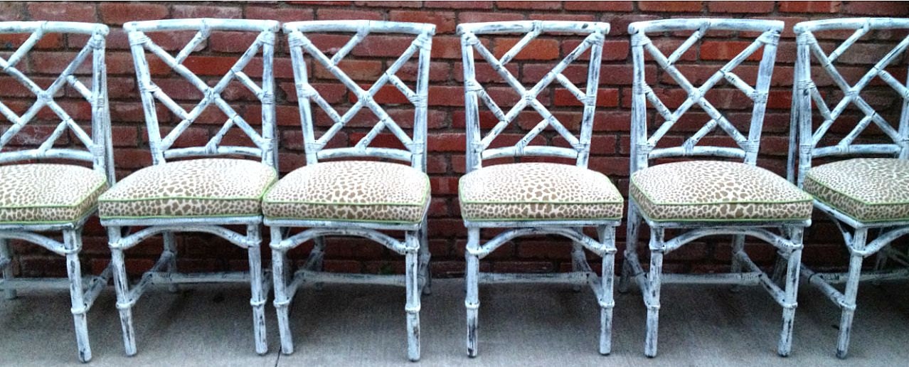 Bamboo Dining Set Six Chairs Table Chippendale White Paint Leopard Print Rattan