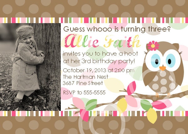 Look Who Owl Photo Invitation for Birthday Party or Baby Shower - DIY Girls Printable Invite by BeeAndDaisy Il_570xn