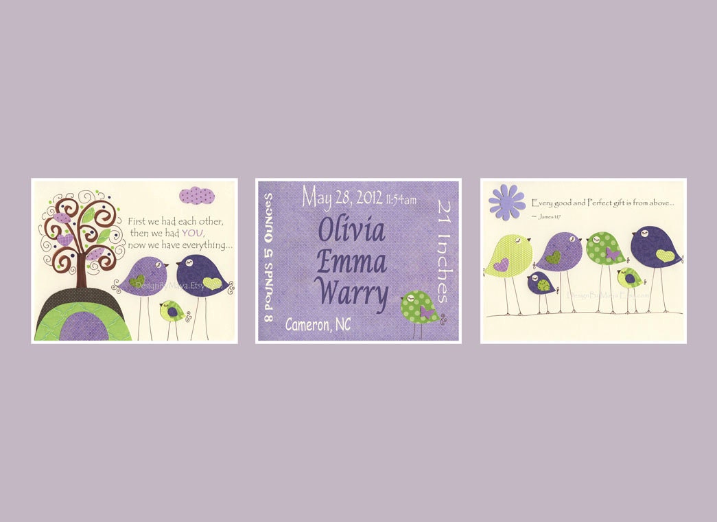 Nursery Birds // Kids Birds // Baby Nursery Bird // Birds Nursery Art // Set of 3 Prints // Size 8x10 // Purple Green Brown