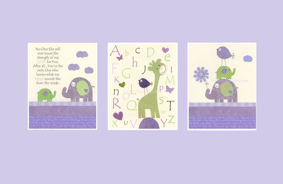 Baby girl Room Decor Nursery Art birds..Violet Green Baby Bird, baby elephant, Set of 3 8x10, purple, apple green