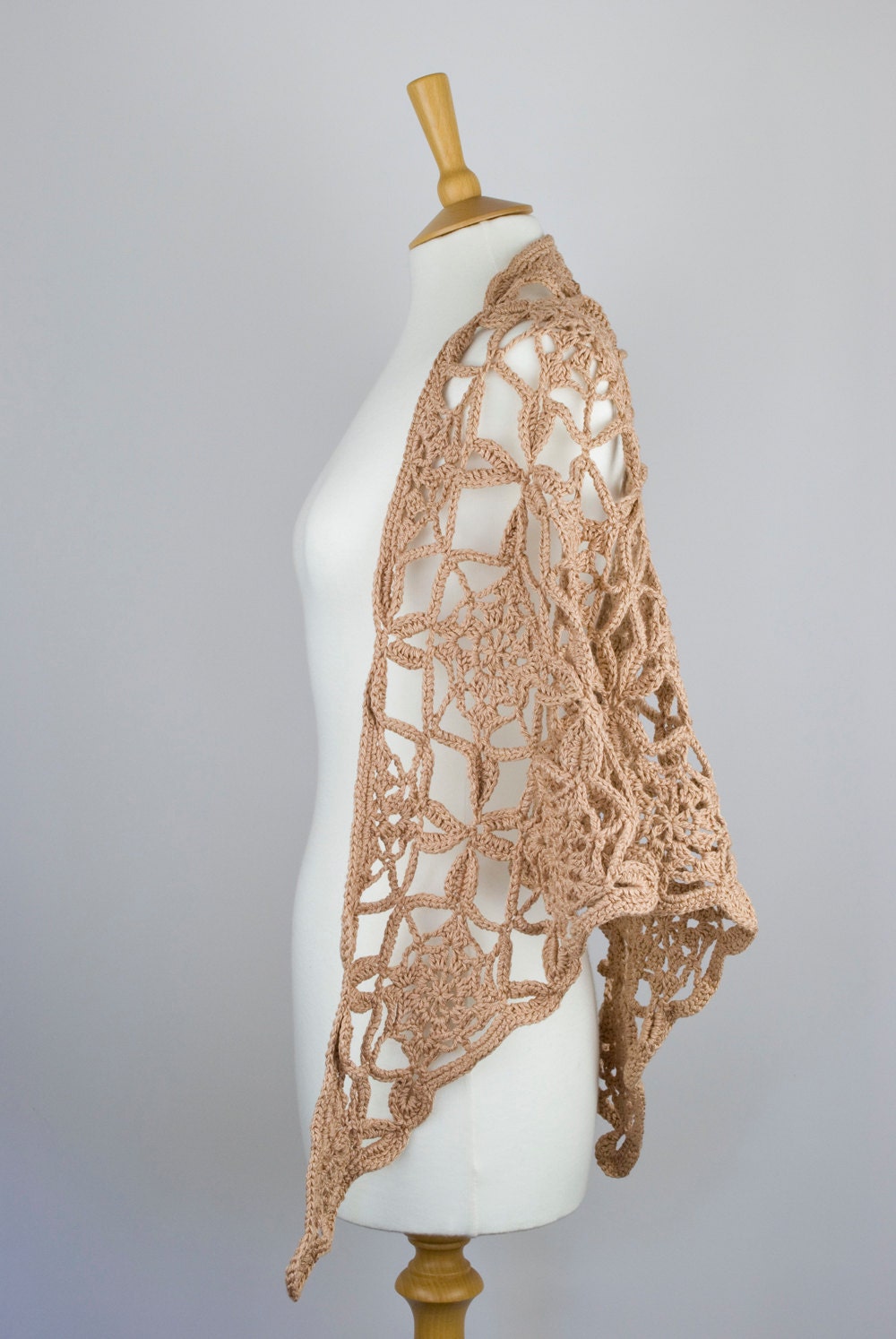 crochet motif shawl chunky beige cotton triangle wrap neckwarmer scarf autumn for her - the naos - mix of cotton and silk