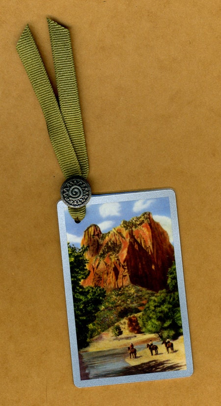 Bookmark RED ROCK RIDERS Handmade from Vintage Playing Card & Button with Grosgrain Ribbon