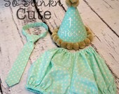Custom Retro Vintage Aqua Polka Dots Baby Boy Diaper Cover ,Tie and birthday hat Set outfit Great for Photo Props