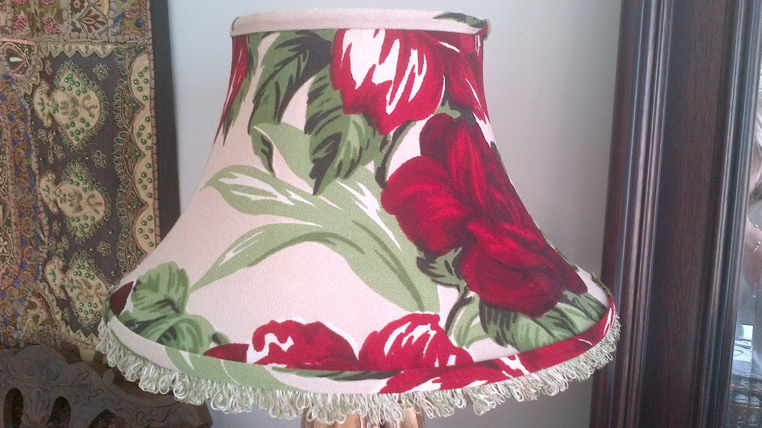 Lampshade Vintage barkcloth handmade bell shade Cabbage roses