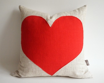 Sukan / Red Heart Pillow Cover - Raw Linen Pillow - Heart Linen Cushion Cover -  Decorative Pillow - Accent Pillow - Heart Pillows
