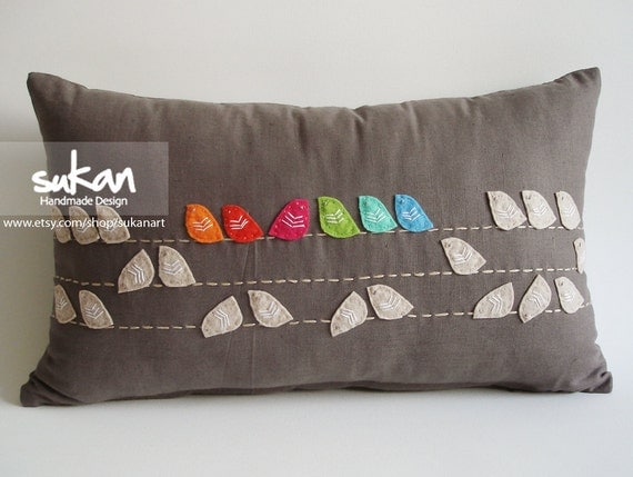 Sukan / Birds Linen Pillow Cover - 12x20 inch - Dirty Gray Beige Soft Brown Orange Red Blue Pink Green Blue