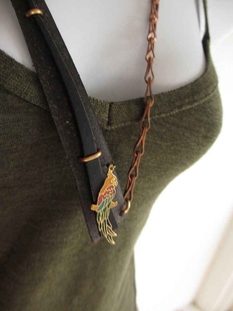 Black Recycled Leather w Parrot and Copper Chain Necklace