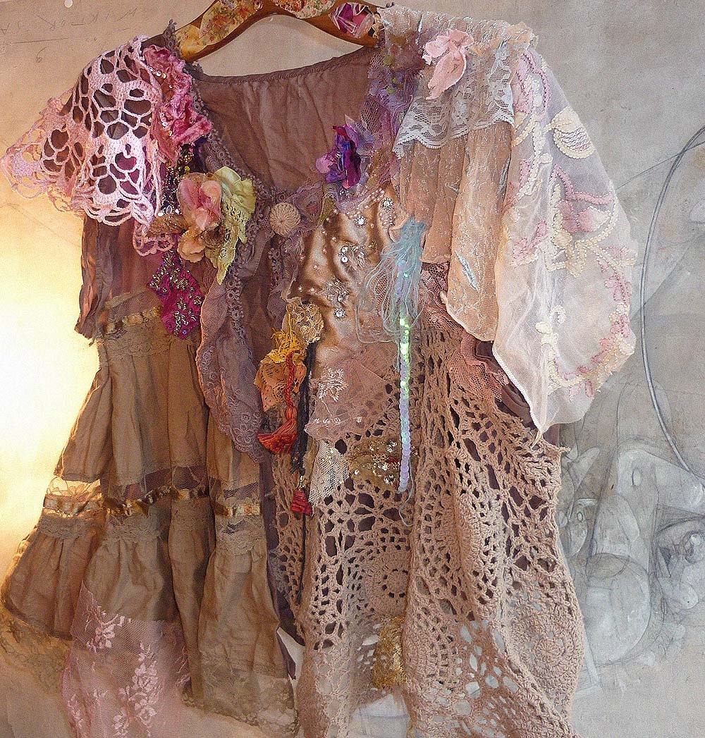 OFF Unique Art to Wear Spring/Summer Jacket Cotton and Silk Boho Gipsy Hippi Rustic... Vintage Laces