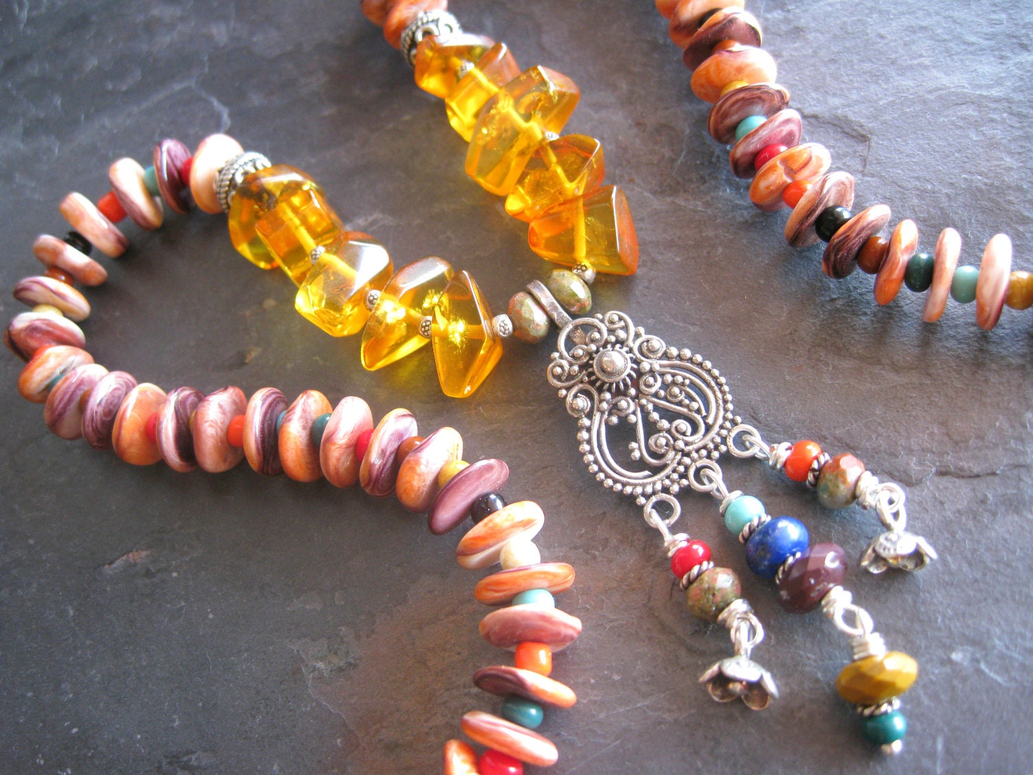 SALE Southwest Necklace, Spiny Oyster, Amber, Earthy Beaded Necklace, Southwest Jewelry, Cowgirl Jewelry