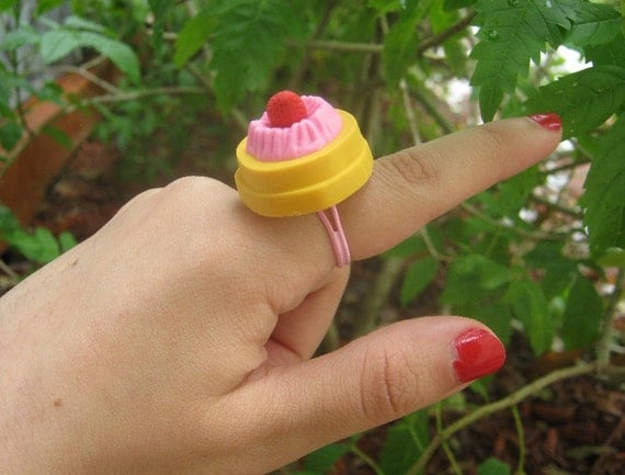 Strawberries and cream yellow layer cake eraser ring
