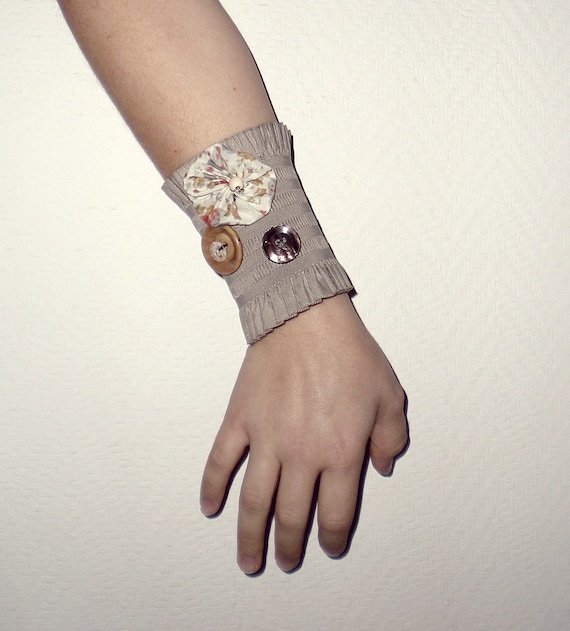 Autumn Cuff bracelet-Earthy colours- beige elastic with vintage orange fabric flower- ready to ship