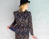 Vintage Secretary Dress - Vintage 80s does 40s Floral/Grunge Mini/Midi Dress w/ Polka Dot Peplum Ruffle/Matching Belt - Size 7/8 Medium/M