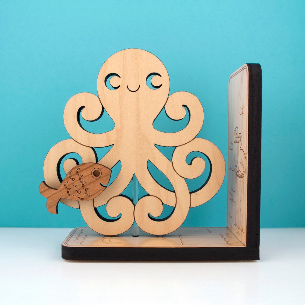 Wood Octopus Bookend: Kids Wooden Ocean Fish Book End