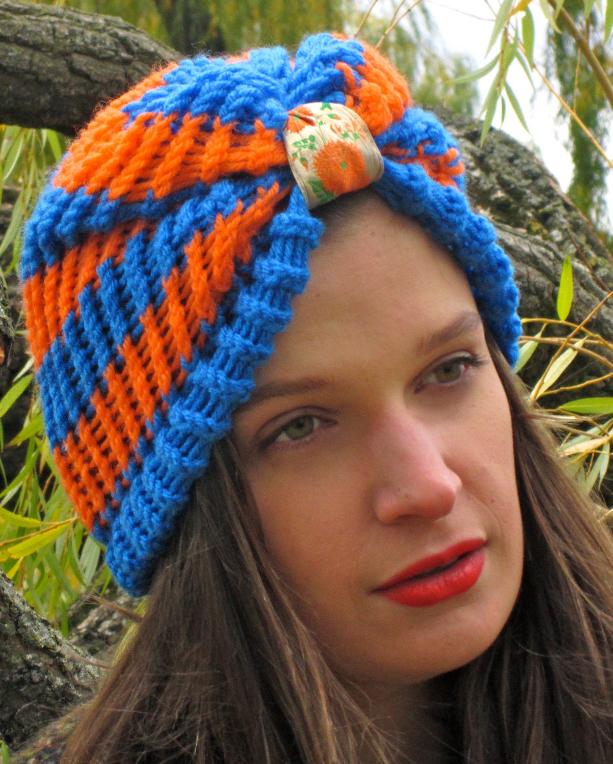 Blue and orange hand knit full turban