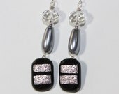 Silver and Black Dichroic Glass Dangle Earrings