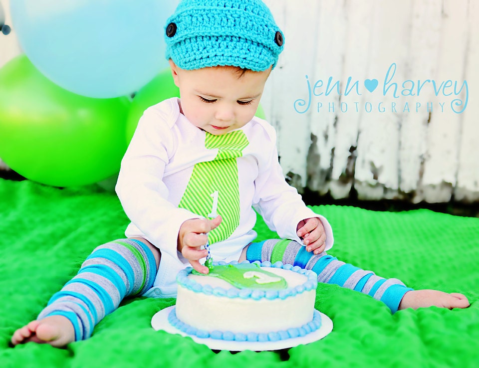 Cake Smash Personalized "1" Tie Onesie. Baby Boy Gift Set of 1 Tie Onesie & 1 Pair of Leg Warmers. Birthday Party, Teal, Aqua, Green
