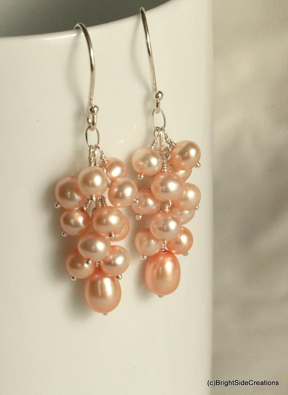 Light Peach Freshwater Pearl Cascade Earrings in Sterling Silver or Gold Filled
