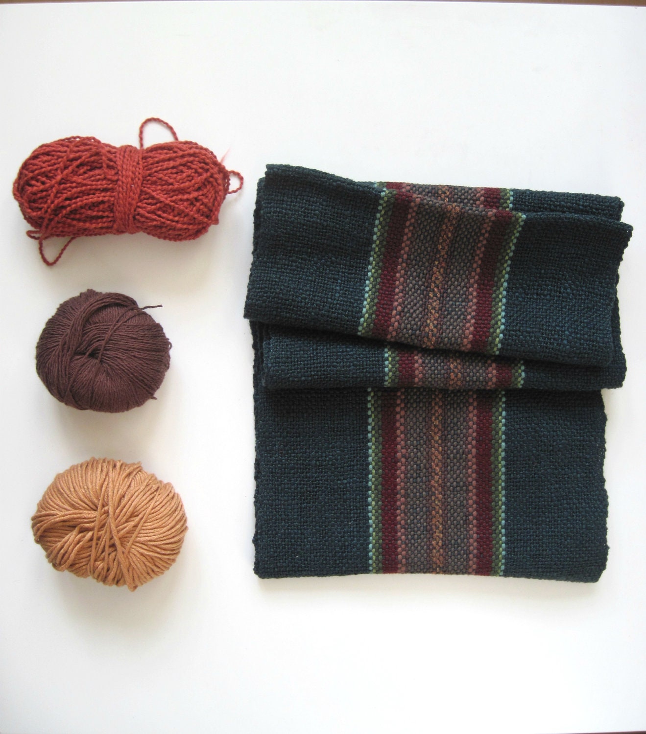 Mens Handwoven Scarf Forest Green with Earth Toned Center Fall Accessory