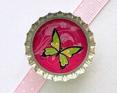Butterfly Pink & Green Bottle Cap Magnet - butterfly birthday party favor, spring decor, spring home decor, spring decorations, easter gifts